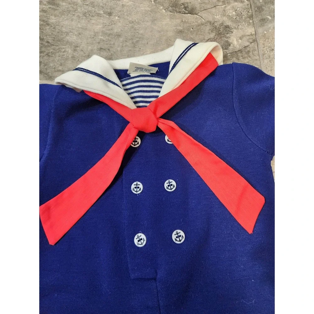 Vintage 70s Dot Spun Sailor Romper Navy Blue‎ Red Tie Anchor Buttons 24 Months